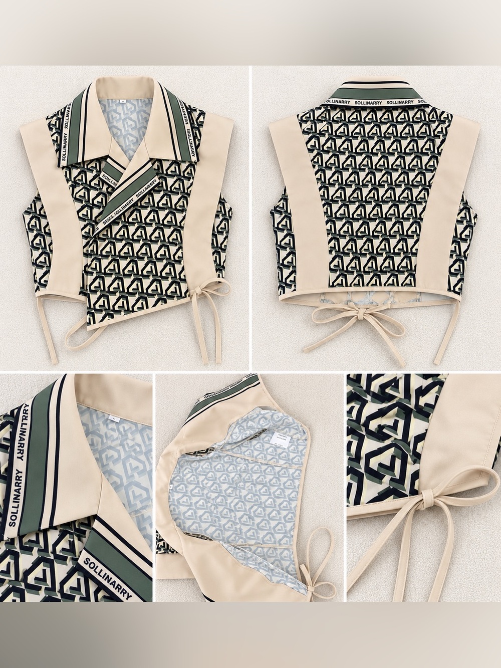 SOLLINARRY Geometric Print Wrap Crop Vest Top – Beige & Olive